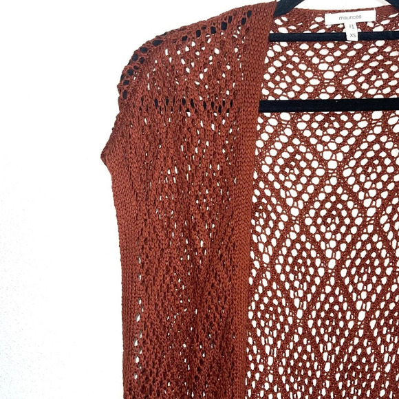 Maurices Rust Orange Fringe Sleeveless Open Knit Duster Cardigan Xsmall Women’s - Picture 3 of 10